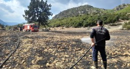 ÇAMLIYAYLA’DA OTLUK ALANDA ÇIKAN YANGIN ORMANA SIÇRAMADAN SÖNDÜRÜLDÜ