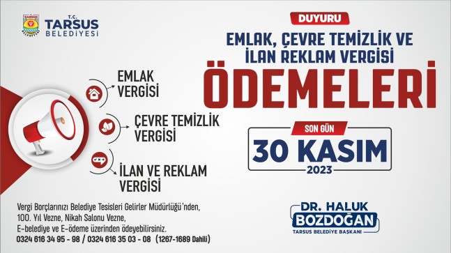 TARSUS BELEDİYESİ’NDEN VERGİ ÖDEMESİ HATIRLATMASI