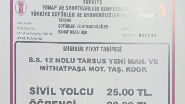 Tarsus’ta Ulaşım Ücretlerine Zam “Sivil 25 TL, Öğrenci 20 TL”