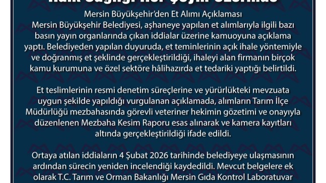 Mersin Büyükşehir’den Et Alımı İddialarına Yanıt “Halk Sağlığı Her Şeyin Üzerinde”