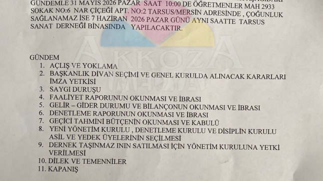 Tarsus Sanat Derneği Olağan Genel Kurul Toplantısı Duyuruldu