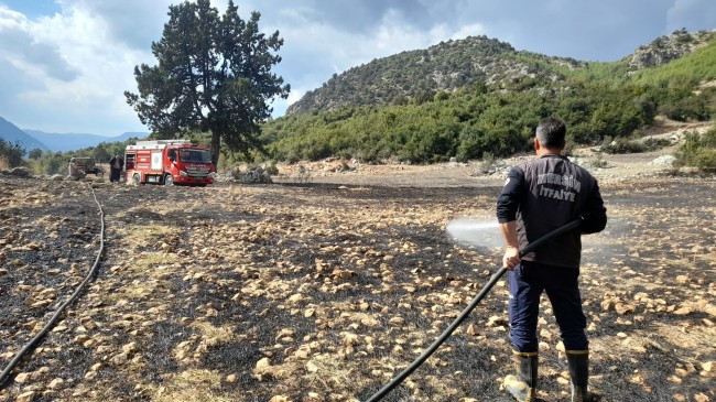 ÇAMLIYAYLA’DA OTLUK ALANDA ÇIKAN YANGIN ORMANA SIÇRAMADAN SÖNDÜRÜLDÜ