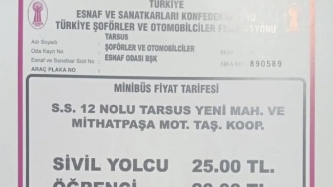 Tarsus’ta Ulaşım Ücretlerine Zam “Sivil 25 TL, Öğrenci 20 TL”