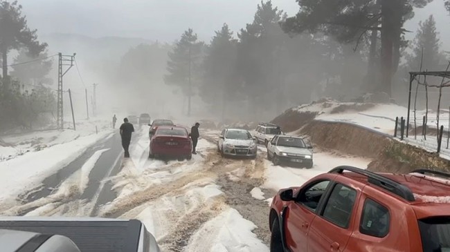 “Çamlıyayla’da Şiddetli Dolu Yağışı”  Yollar Kapandı, Tarım Alanları Zarar Gördü
