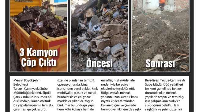 Mersin Büyükşehir Belediyesi Tarsus – Çamlıyayla Koordinasyon Müdürlüğü Ekipleri Harekete Geçti Çarşının Göbeğindeki Metruk Yapı Temizlendi
