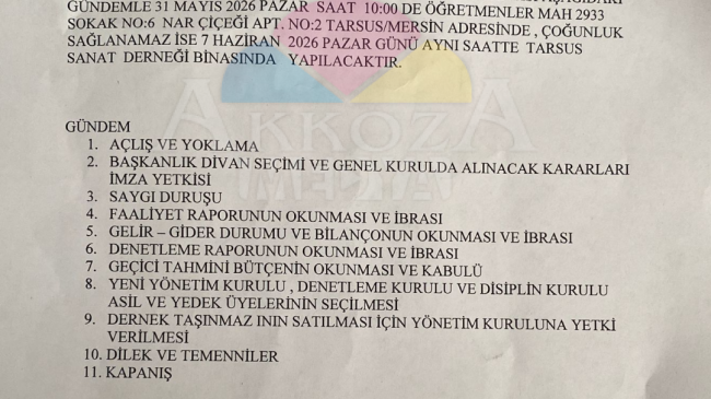 Tarsus Sanat Derneği Olağan Genel Kurul Toplantısı Duyuruldu